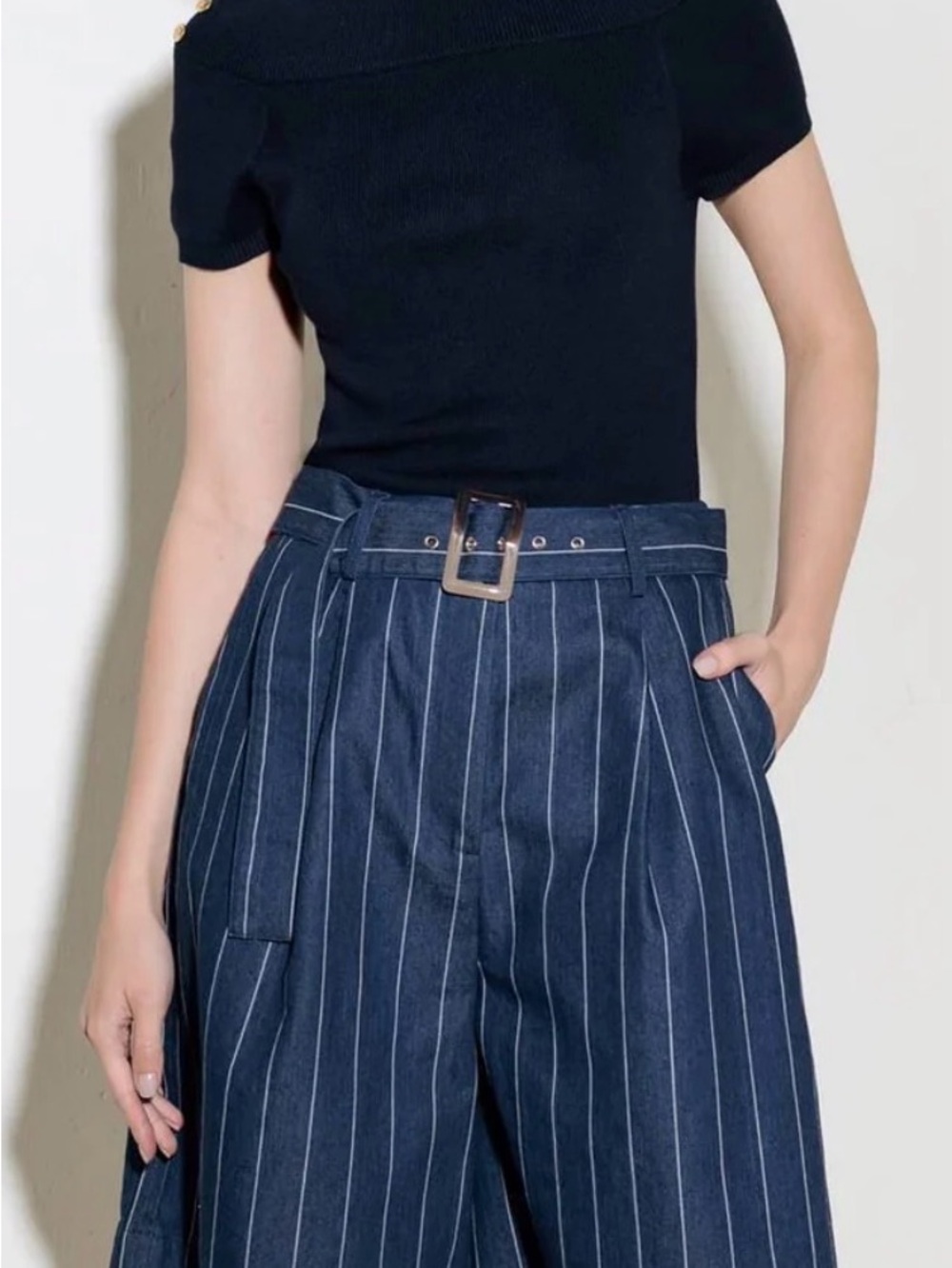 Flying Tomato Navy Pinstripe Wide-Leg Jean Shorts